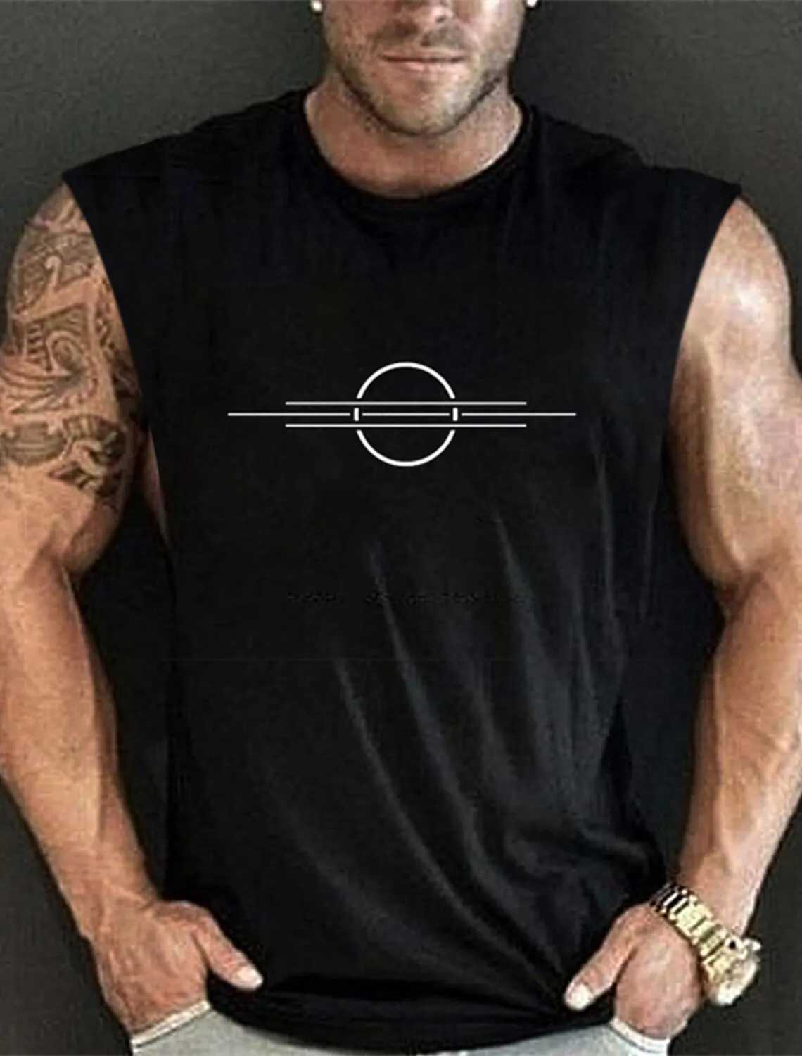 Mens vest T-shirt with simple sticker text pattern tribal Harajuku round neck clothing daily fitness and sports sleeveless ethnic style X250324