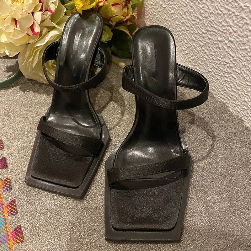 Summer Fashion Silk Satin Slippers Women Open Square Head Thin High Heel Sexy Party Shoes Females Sandals Stilettos Black 250322