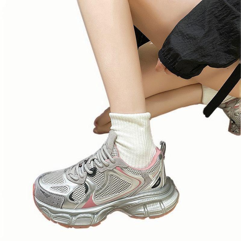 Running shoes Women's high appearance level silver pink sports shoes increase thick soles 100 mesh casual