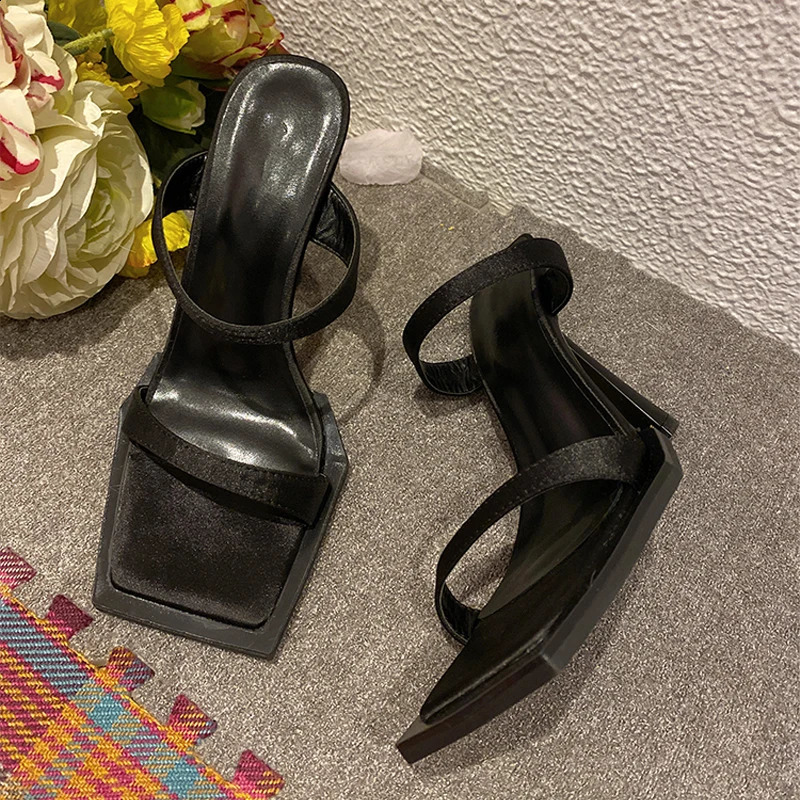 Summer Fashion Silk Satin Slippers Women Open Square Head Thin High Heel Sexy Party Shoes Females Sandals Stilettos Black 250322