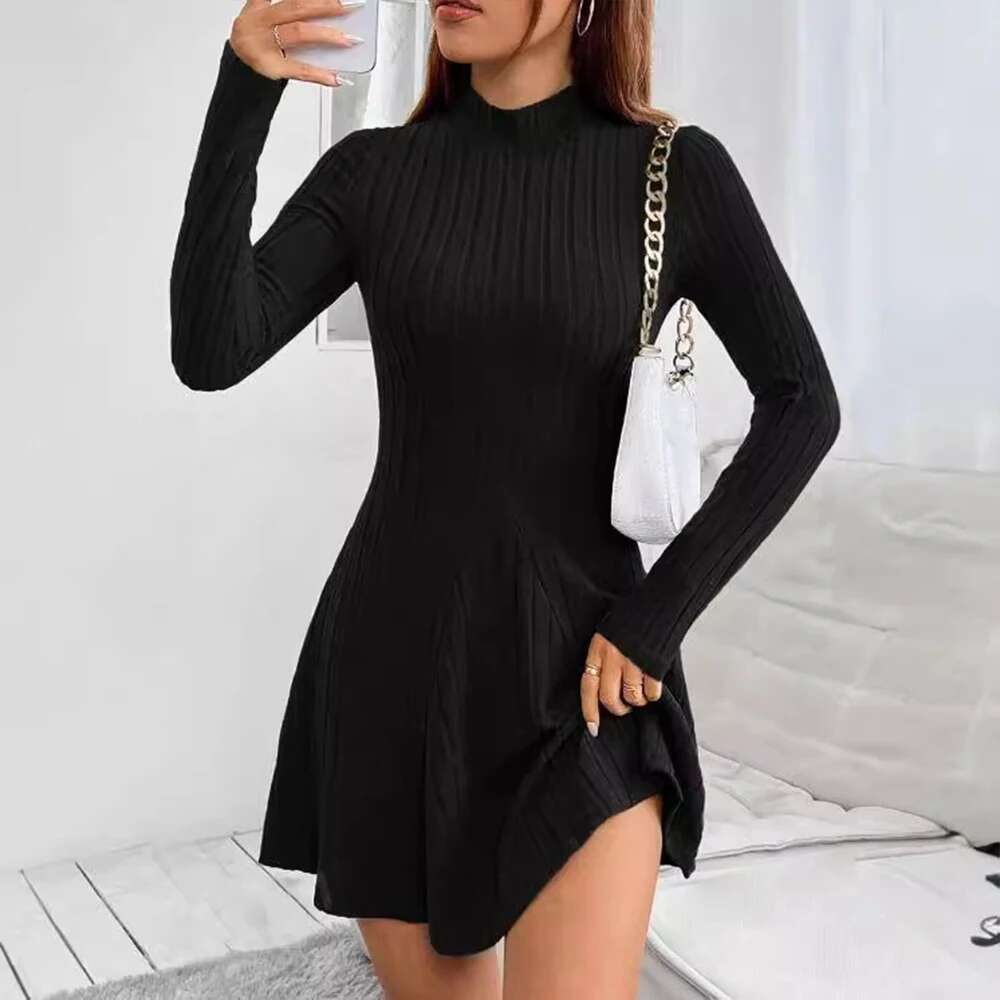 Elegant Women Simple Slim Short Solid Striped Sweater Long Sleeve Round Neck 2024 Autumn Winter Commute Street Dress