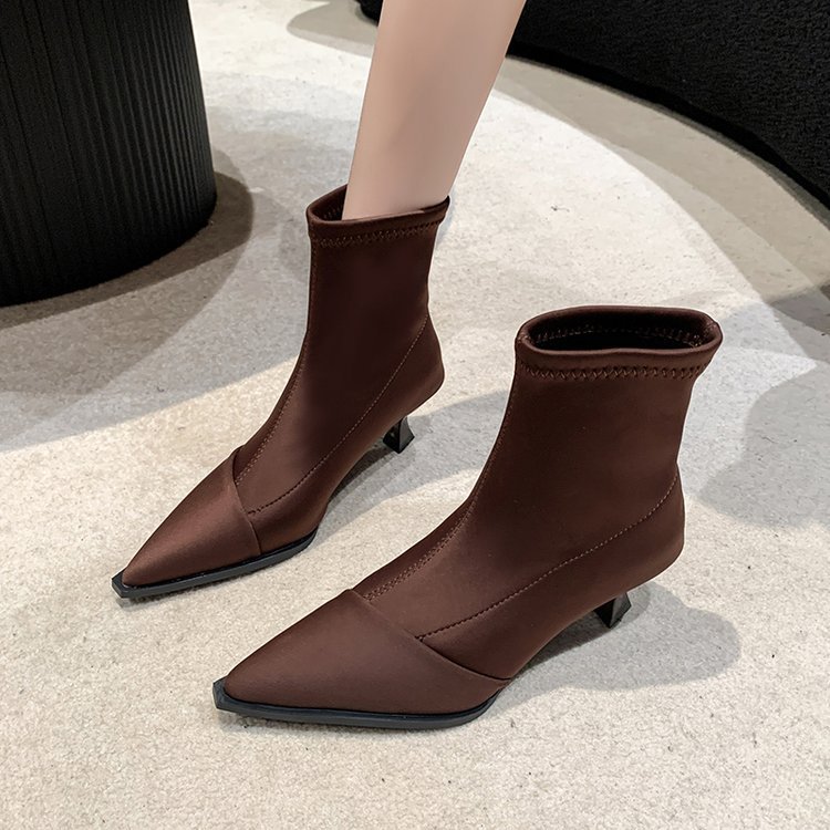New Satin Pointed Toe Short Boots Women Thin Heel Stretch Sock Boots Elegant Ladies Fashion High Heels Pumps Female Ankle Boots 240620