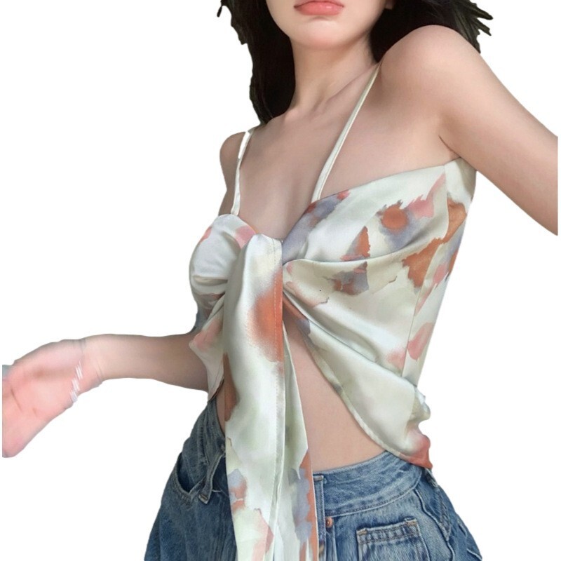 2025 New Model Sweet And Spicy Girl Triangle Scarf Wearing Tie Dyed Small Camisole Tank For Women's Beach French Design Sense Jazz Short Top