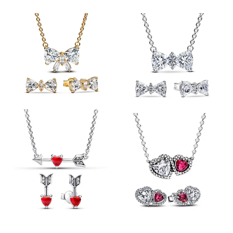 925 Sterling Silver Jewelery Set Valentine's Day Gift Love Mom Bow Necklace and Earrings Set Day Gift Charm Sweet for Women Gift Fashion Jewelry