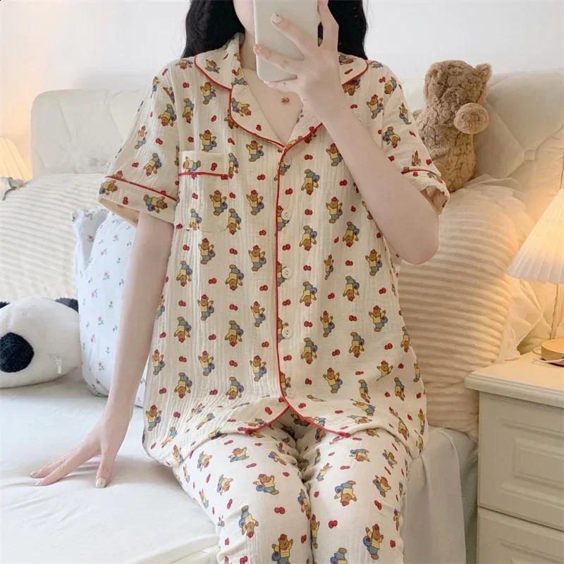 Summer Cotton Printed Short Sleeve Pants Pajama Set for Womens Pajamas Home Pajamas Non Printed Pajamas 250321