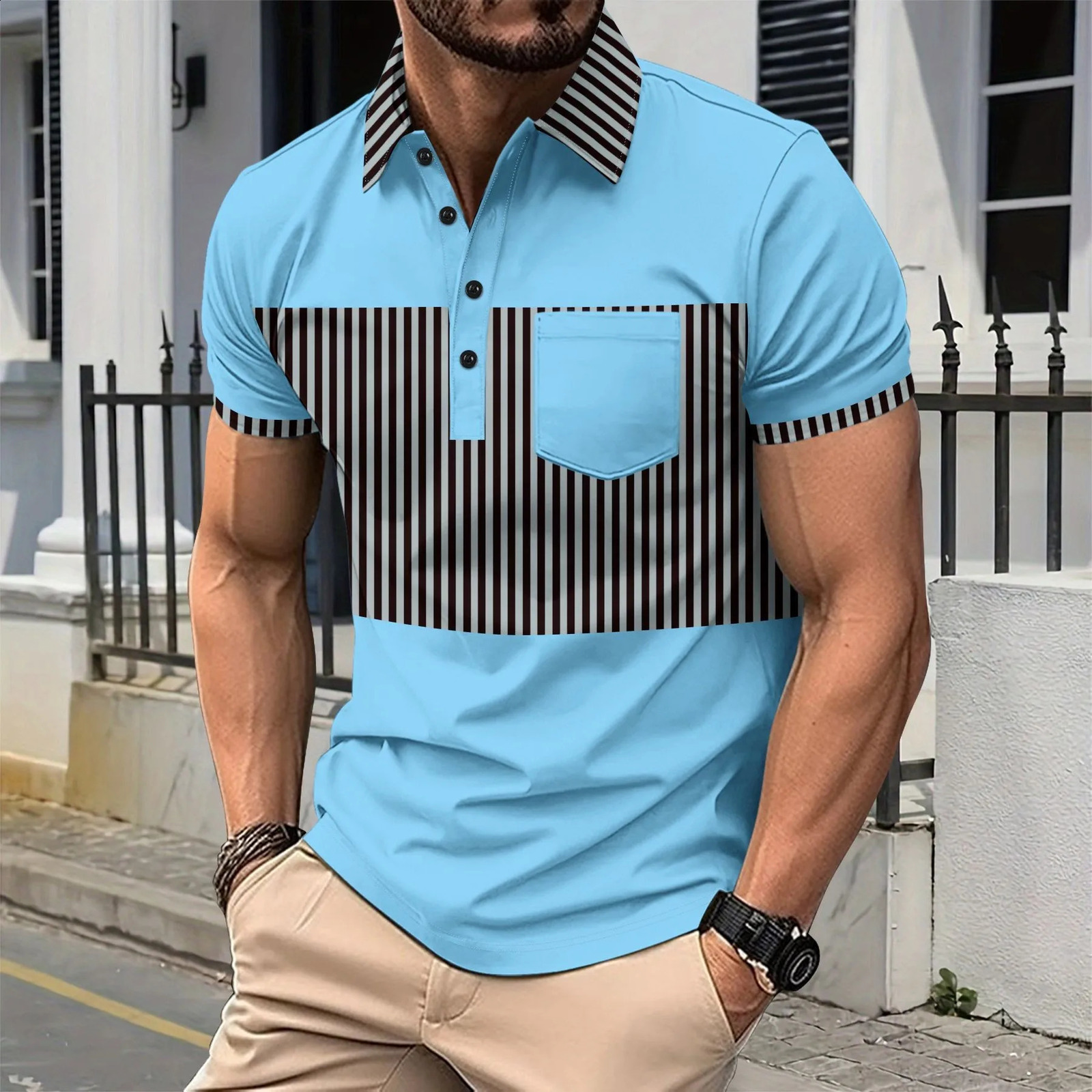 2025 Cross border Summer Mens Casual Polo Shirt Pocket Button Long Front Collar Stripe Colorful Splicing Tshirt 250311
