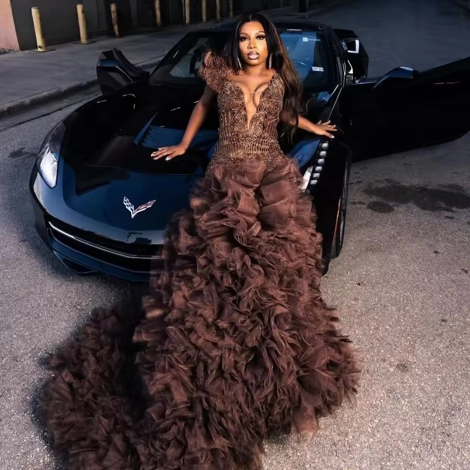 Customized Sparkly Brown Mermaid Prom Dress Ruffles Beaded Black Girls Sequins Birthday Evening Gala Party Gowns