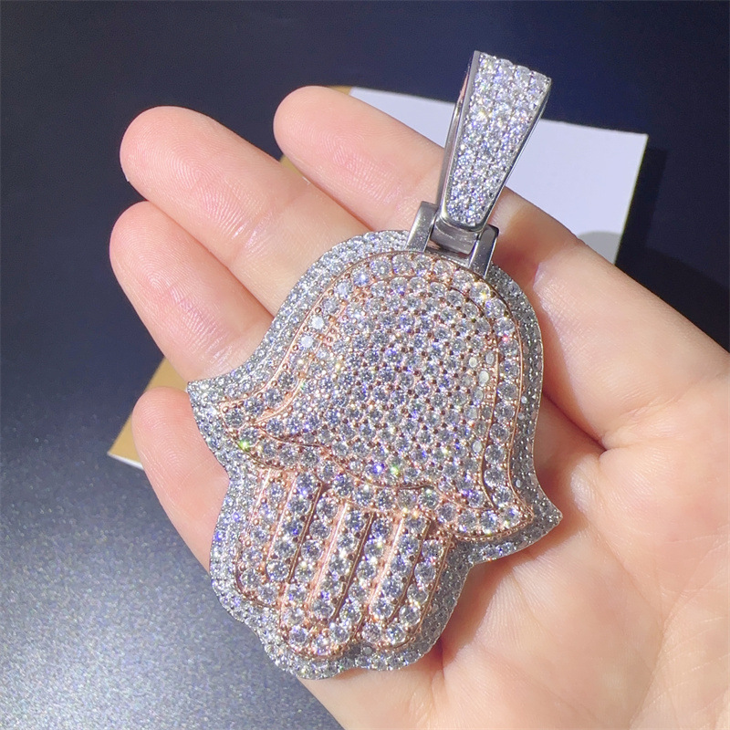 New S925 sterling silver inlaid Mosang diamond shiny palm pendant necklace INS trendy and cool hip-hop pendant