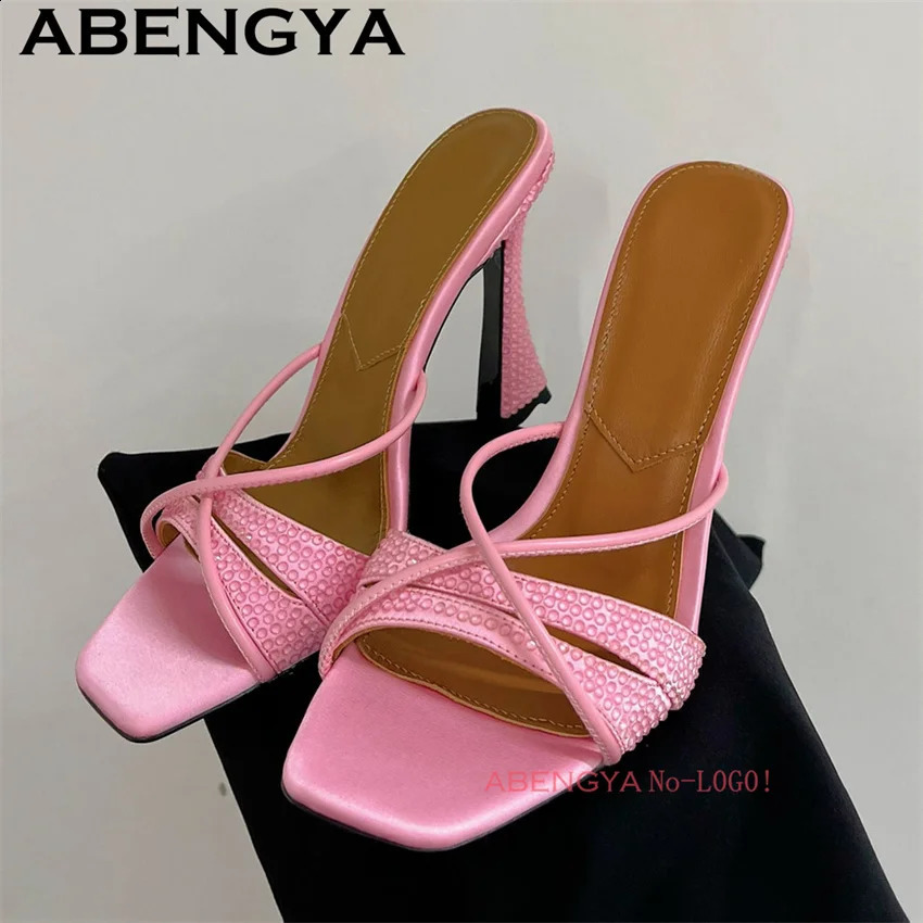 ABENGYA 2025 Thin High Heels Mules Slippers Women Square Open Toe Satin Rhinestone Sandals Summer Sexy Dress Shoes Woman 250322