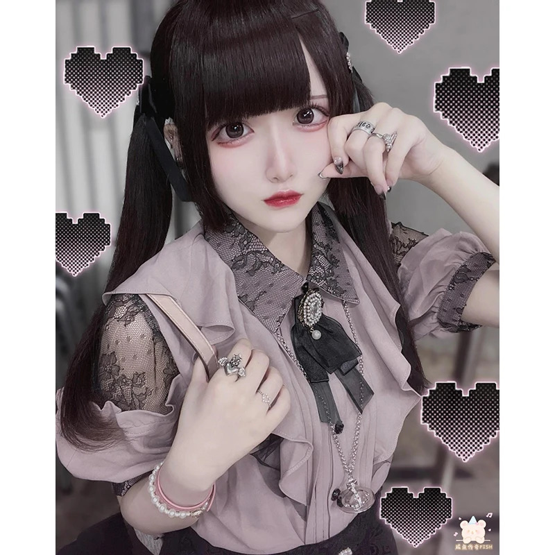 Kawaii womens shirt Lolita Y2K cute Japanese style Jirai Kei shirt elegant long sleeved sweet top casual aesthetic shirt 250322
