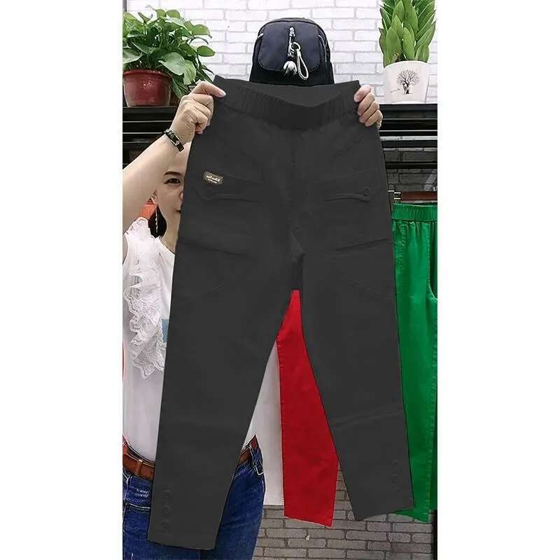 Women Spring Summer 2024 High Waist Cotton Elastic Wash Harun Loose Joker Trousers Slim Casual Daddy Pants Ladies