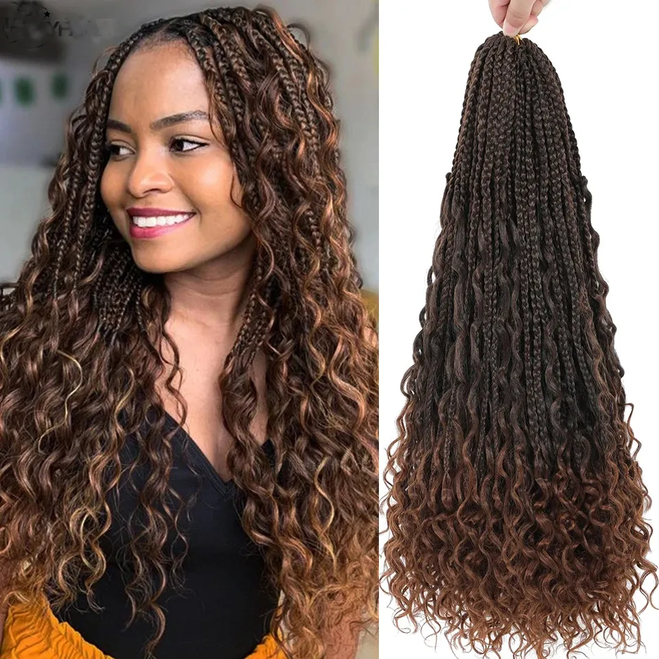 Goddess Bohemian Box Braids Crochet Hair - 36 Inch Curly Ends, 6 Packs Synthetic Curly Wave Ends Pre Looped Braiding Hair Extensions For Thin Hair Dai