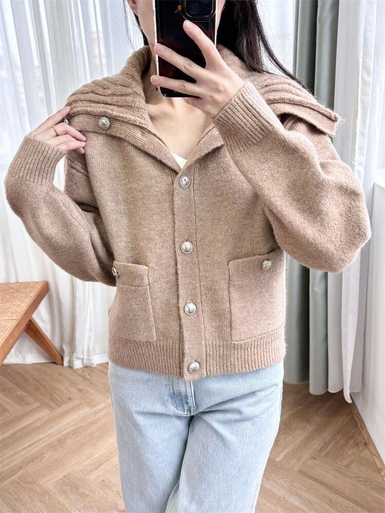 Autumn/Winter New Navy Collar Thick Warm Single Breasted Sweater Coat Women's Pure Color Simple