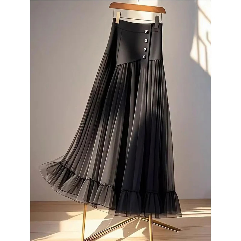 oversized Aline leather for women in spring and autumn with temperature patches work mesh yarn high waist pleated fashionable 250324