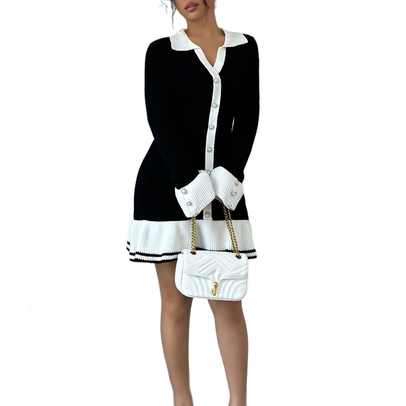 Knitted long sleeved new ruffle edge slim fit V-neck autumn and winter dress with a small fragrance