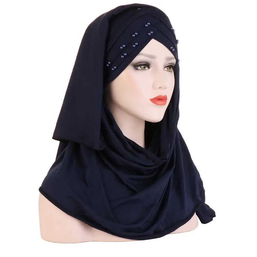 2019 Muslim cotton scarf plain weave headscarf with beads for shaving and wrapping female Muslim headscarf ready to wear headscarf X250324