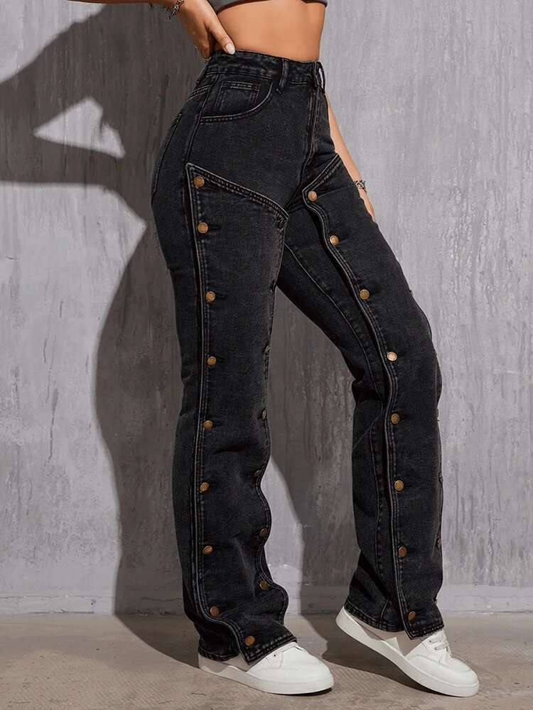 Reddachic Deconstructed Buttons Women Black Jeans Vintage Wash Irregular Low Waist Straight Cargo Pants Hiphop E-Girl Streetwear