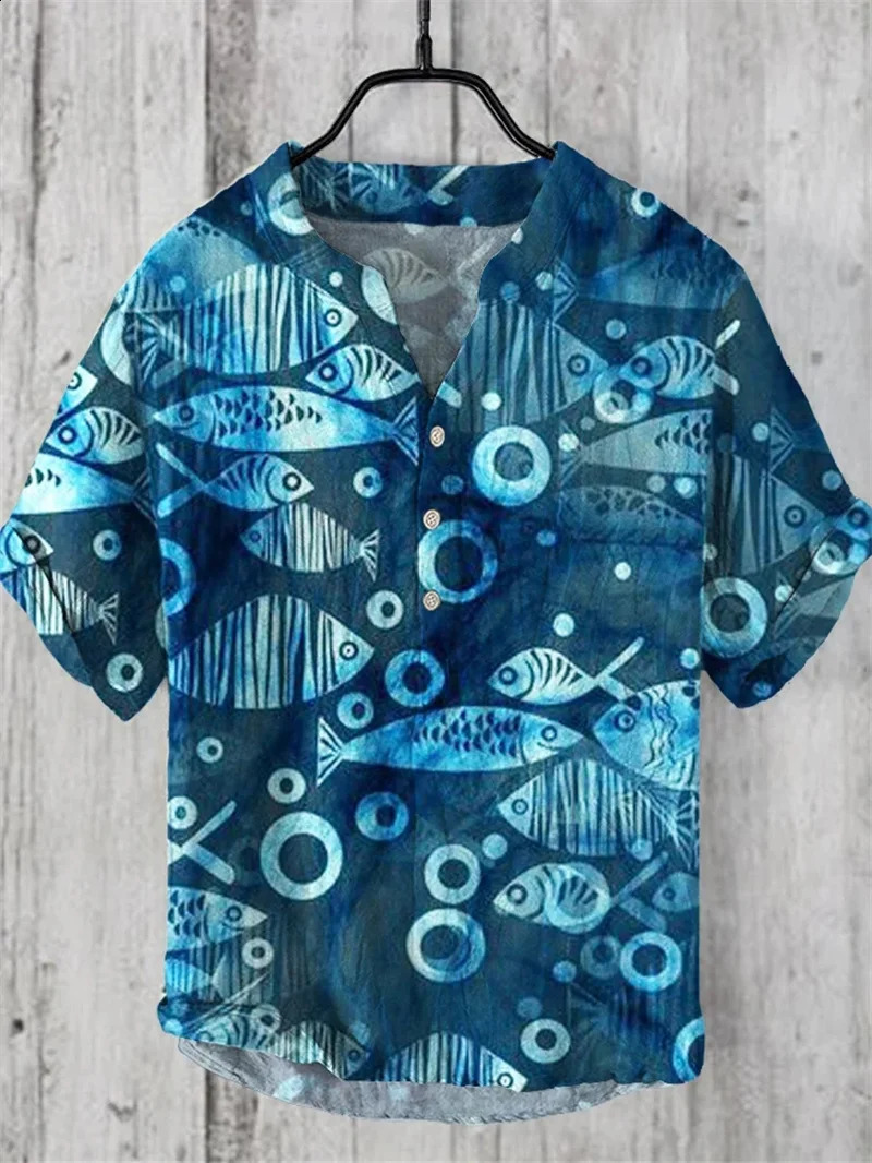 Summer Mens Vneck Short Sleeve Tshirt Casual Print The Great Wave Off Kanagawa Linen Blended Shirt Clothing Tees Tops 250311