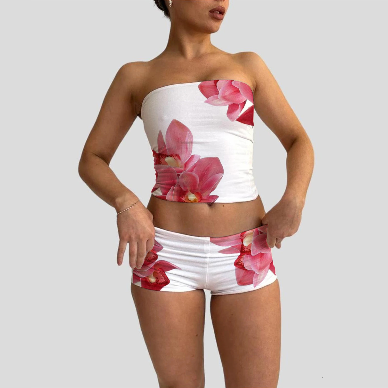 Combhasaki Womens Y2K 2Pieces Slim Fit Outfits Set Flower Print Strapless Tube Tops Elastic Low Waist Shorts Loungewear Suits 250318