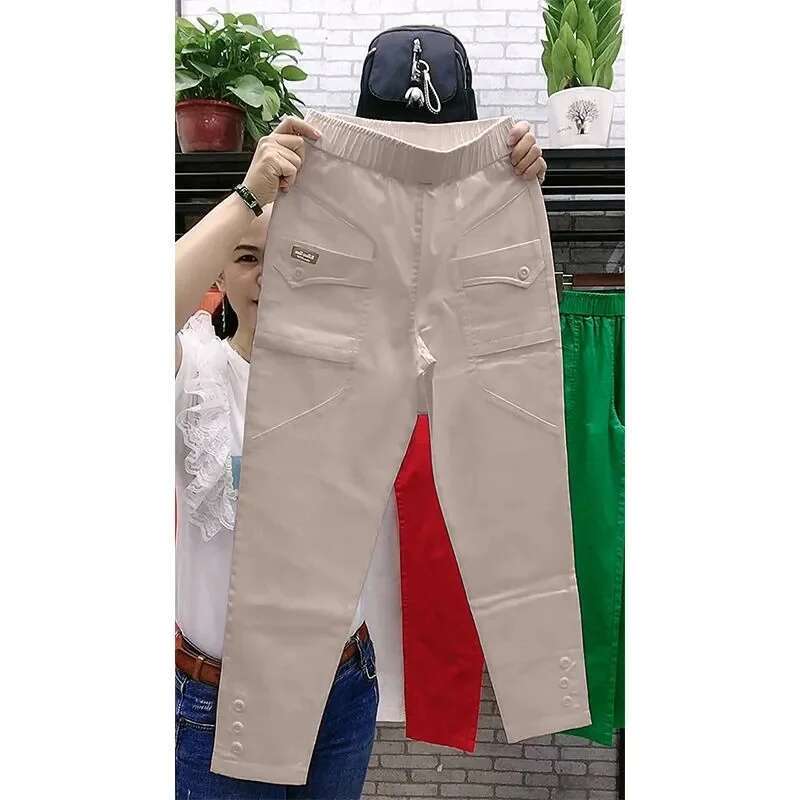 Women Spring Summer 2024 High Waist Cotton Elastic Wash Harun Loose Joker Trousers Slim Casual Daddy Pants Ladies