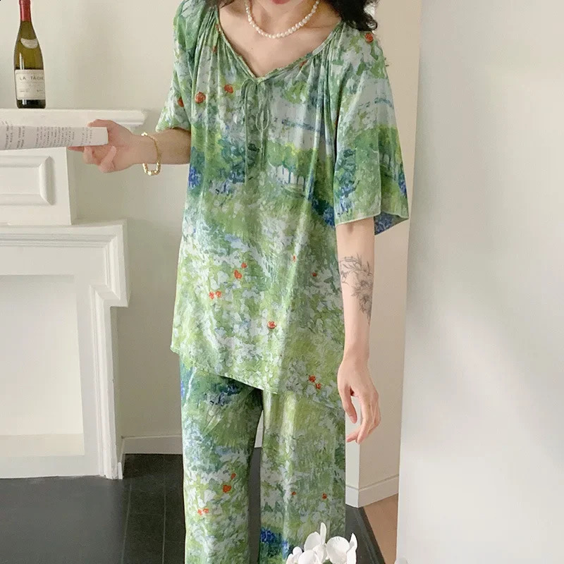 Pajamas womens summer shirts cotton silk thin home loose casual comfortable high-end soft simple ethnic style 250321