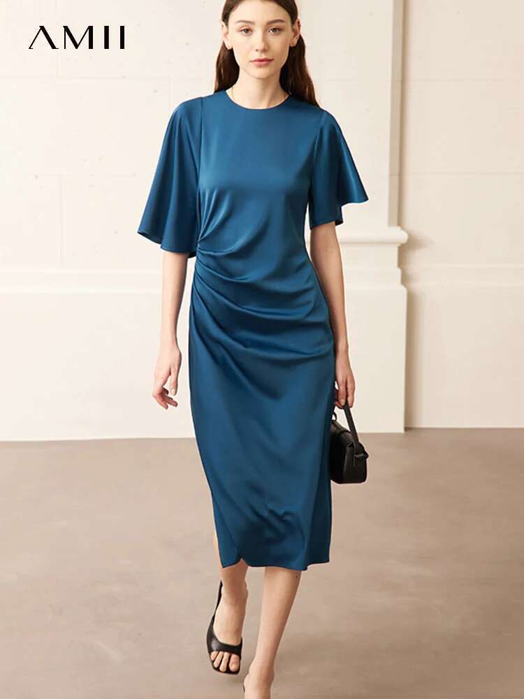 AMII Minimalism 2023 Summer New Shirring Vestidos Batwing Sleeve Pullover A e Black Chic Office Lady Women's Dress 12332006