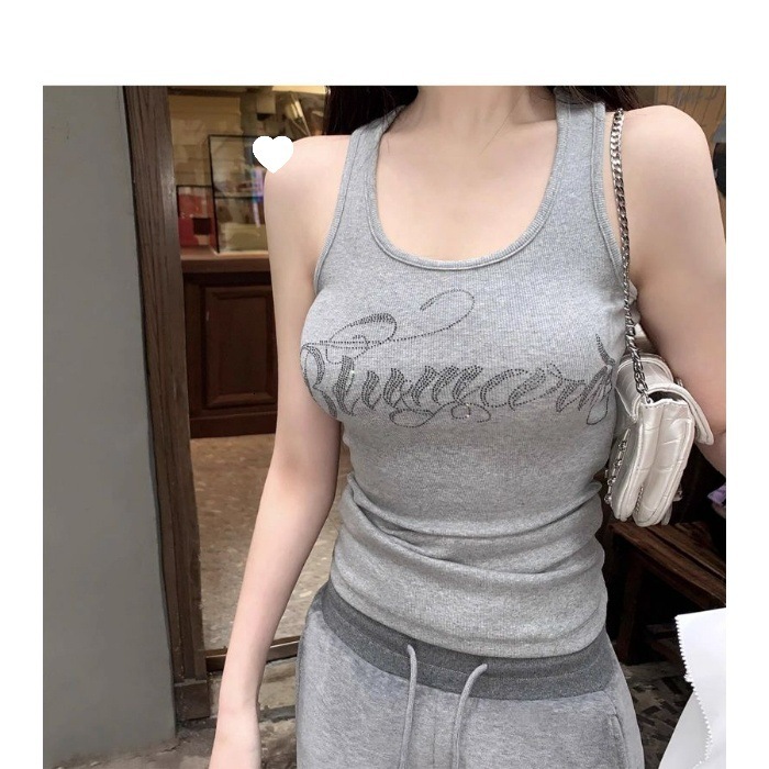 20205 New Designer Vest Letter Hot Diamond Shoulder Strap Vest Women's Slim Fit Sleeveless T-shirt Bottom Top