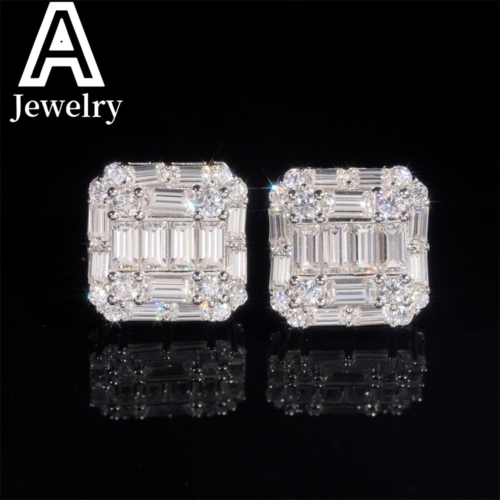 Fine jewelry Hip Hop Baguette Moissanite Square Shape s925 Silver Mens VVS Moissanite Stud Earrings