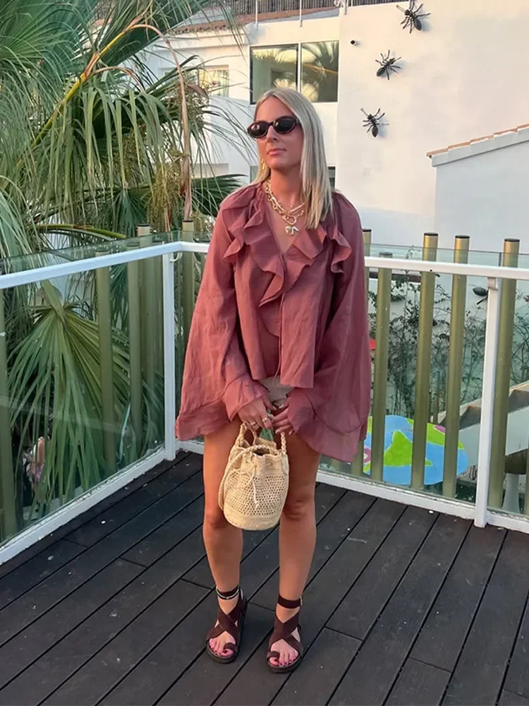 Elegant pleated lace V-neck loose sheer shirt suitable for womens casual solid pleated pullover womens fashionable spring high street top 250322