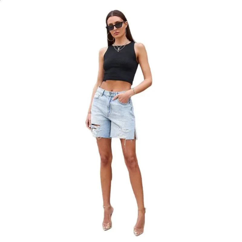2025 Summer Womens Street Trendy Washed Hole Side Split Cowboy Pentagram Pants European and American Casual Shorts for Women 250322