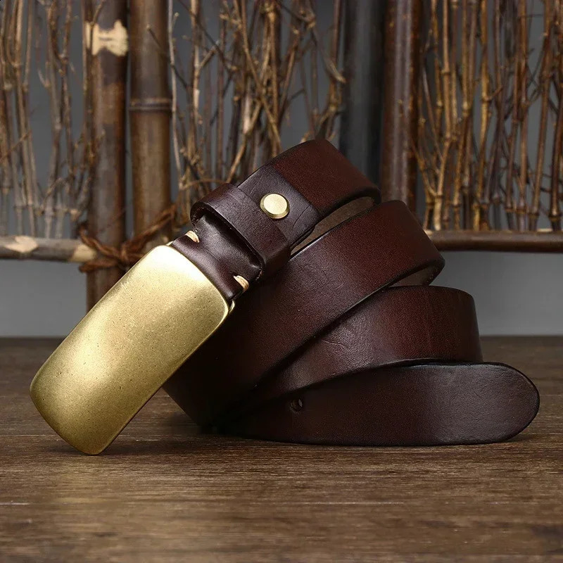 3.3cm Pure Cowskin Men Belt High Quality Genuine Leather Smooth Brass Buckle Strap Male Jeans er Belts for Man 250318