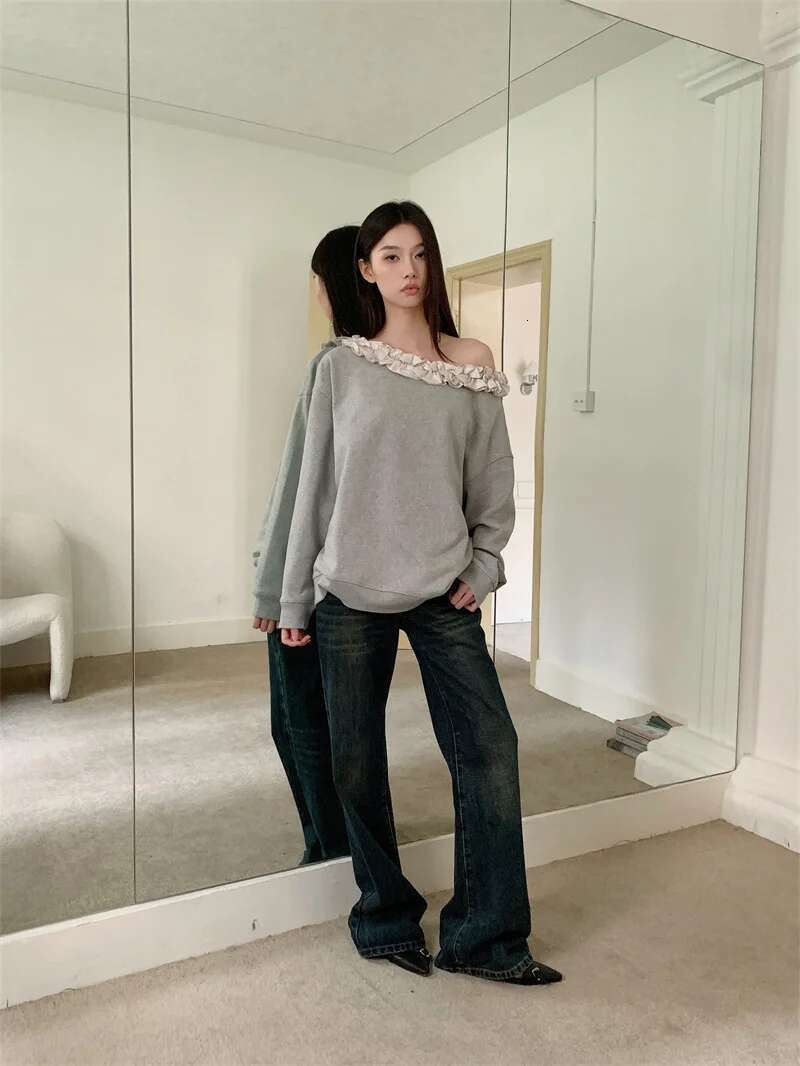 Off The Shoulder Frill Gray Hoodies Pullovers Sweatshirt Women Long Sleeve Top Autumn Spring Fashion Clothing