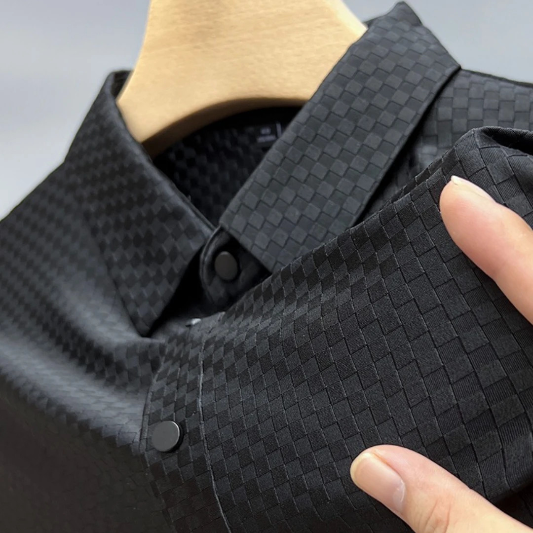 Luxury trend ice silk lapel breathable polo shirt grid printed short sleeved 2023 summer fashion business casual mens Tshirt 250312