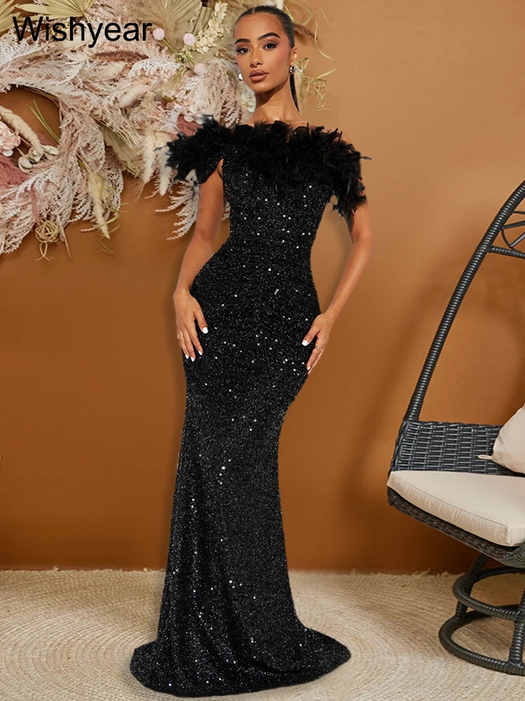 y sequined feather single shoulder sleeveless sloping collar backless purple long dress for womens birthday party event 250320