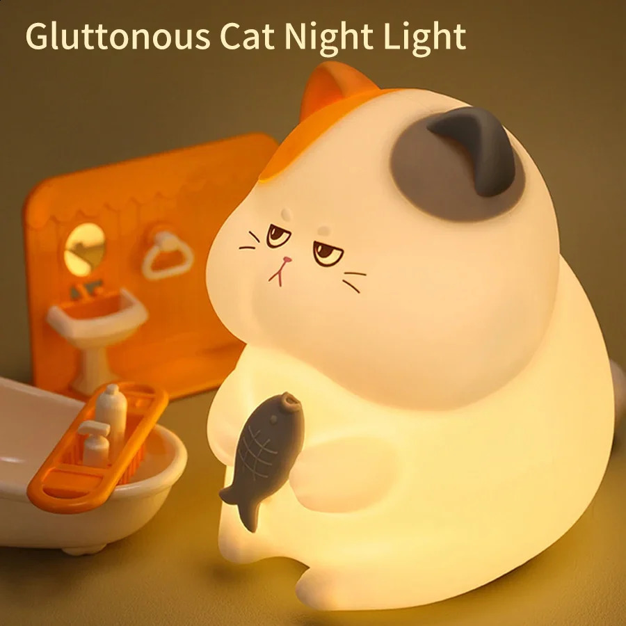 Delicious cat night light rechargeable silicone touch pattern light interesting cat and fish lights animal lights bedside table decoration 250324