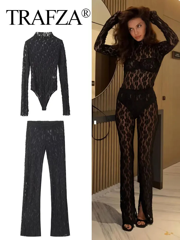 TRAFZA Womens Lace Pants Sets Slim Jumpsuits Top High Waist Trousers Sexy Lady Floral Lace Translucent Y2k Bodysuit Suits 250324