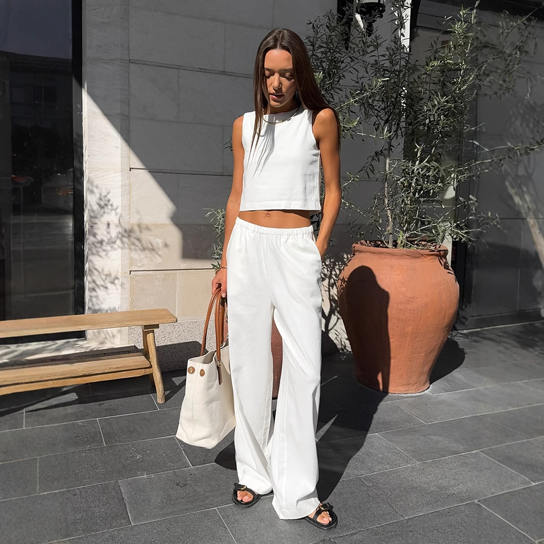 Cotton and linen spring/summer 2025 new sleeveless short top+wide leg pants set for women