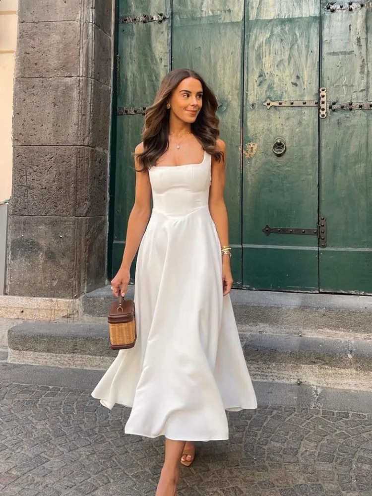 Elegant White High Waist Womens Dress Fashion Square Neck Sleeveless A-line Dresses 2025 Vocation Beach Party Streetwear 250322