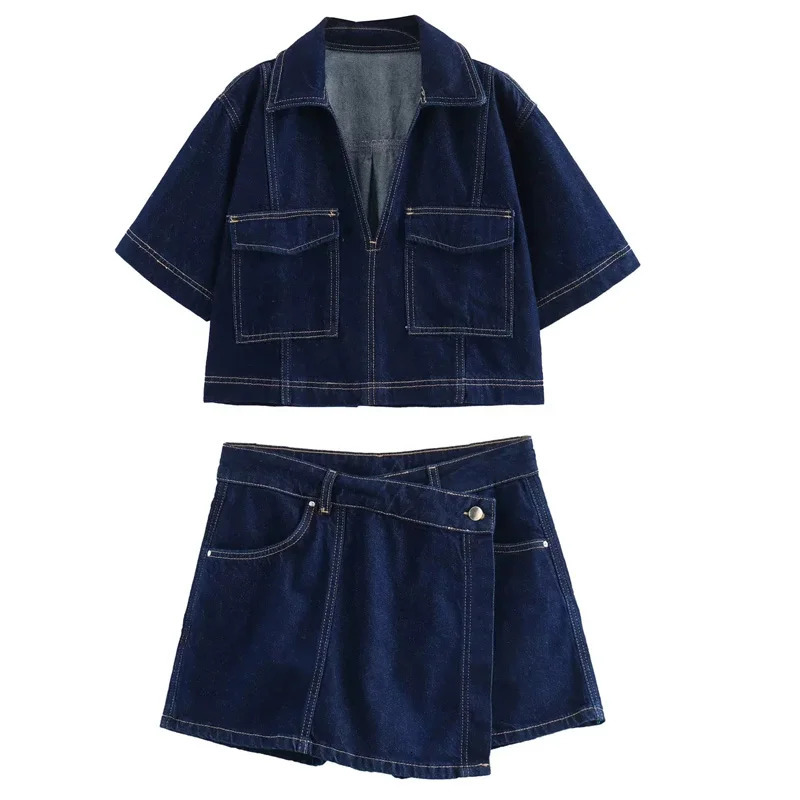 TRAF Asymmetric Mini Skirt and Top Womens High Waist Denim Two Piece Set Street Clothing Short Sleeve Cutting Shirt 250322