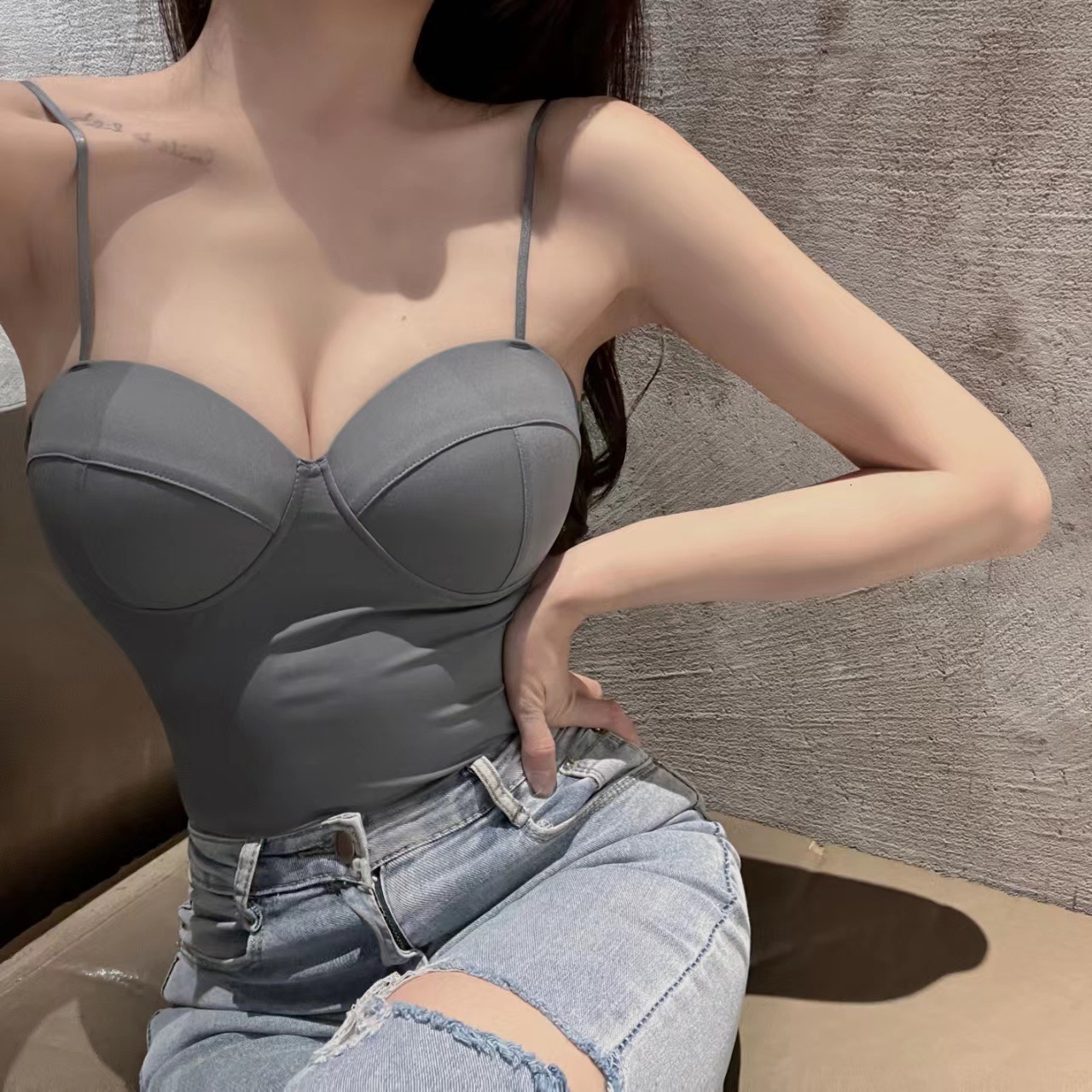 5026 # New Ice Silk Camisole Vest Women's Beautiful Back No Trace Fixed Cup Gathering Comfortable Inner Layer Slim Fitting Underwear