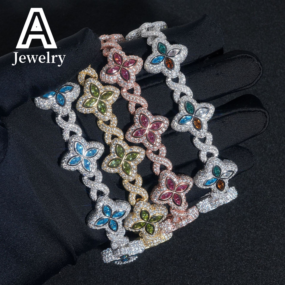 New Arrival Colorful Natural Gemstones Cuban Link Bracelet 15MM Hip Hop Jewelry Silver Marquise Moissanite Cuban Bracelet
