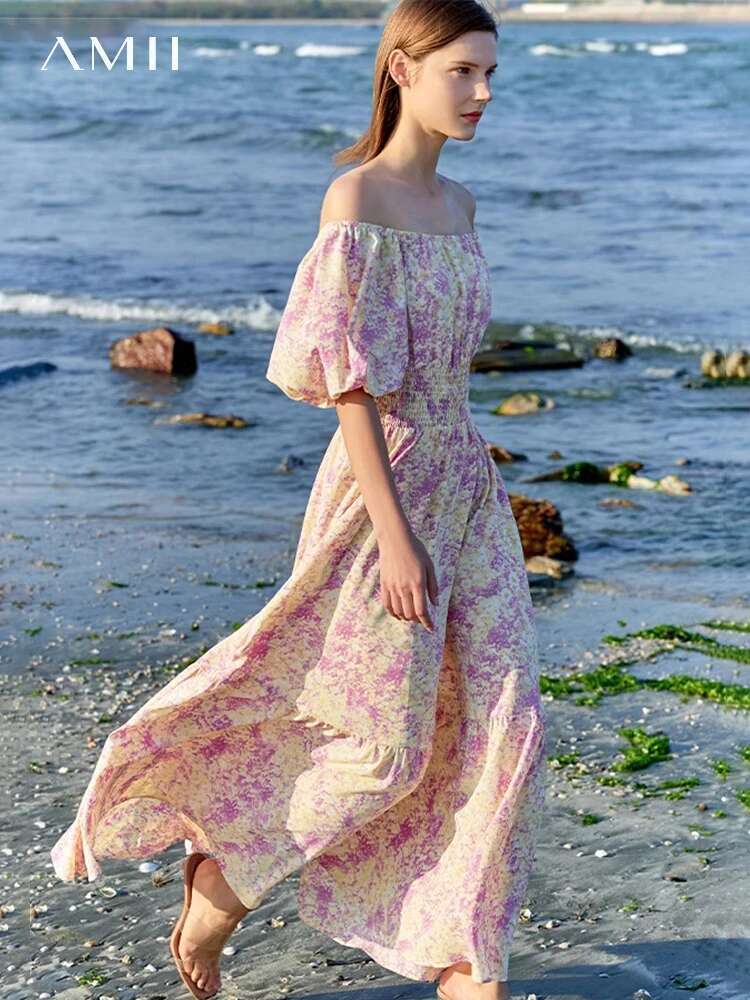 AMII Minimalism Holiday Style Dress 2023 Summer New Square Collar Slash Neck Puff Sleeves Chic A-e ral Vestidos 12352024