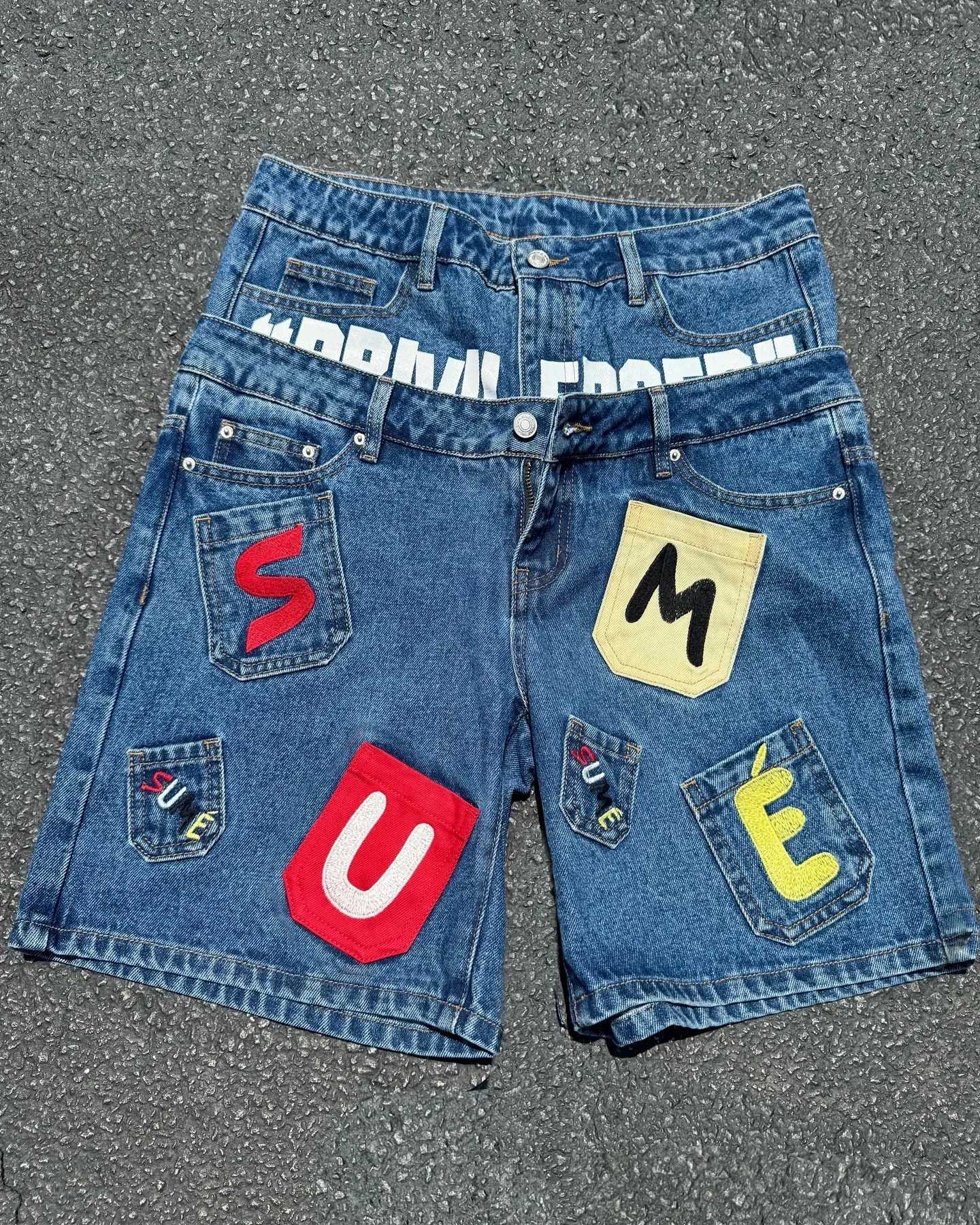 Hip hop letter patch work denim shorts summer Y2k retro personality fashion fake two Gothic rock Jorts couple Y2k jeans X250324