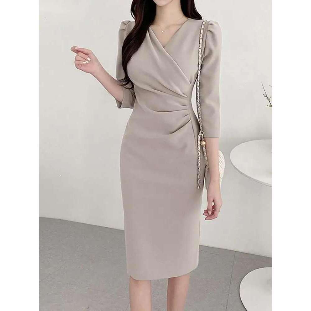 Summer Fashion Womens Dress Sexy Solid Color Knee Length Bodycon Sundress Elegant 3/4 Sleeve V-Neck Work OL Vestidos 2025