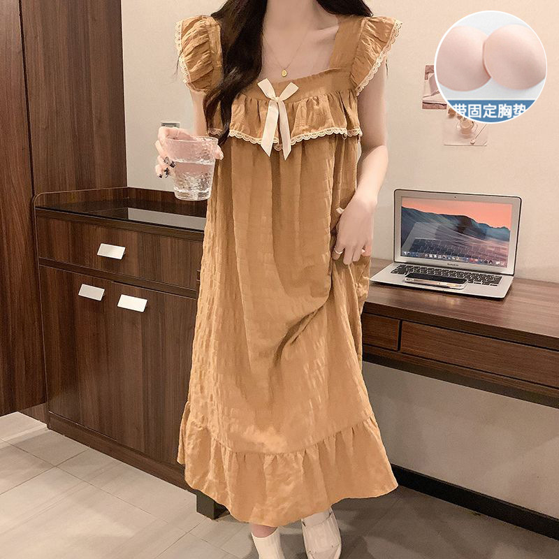 G135 Suspender Nightdress with Chest Pad Pajamas Women's Summer Sweet Solid Color Loose Midi Dress