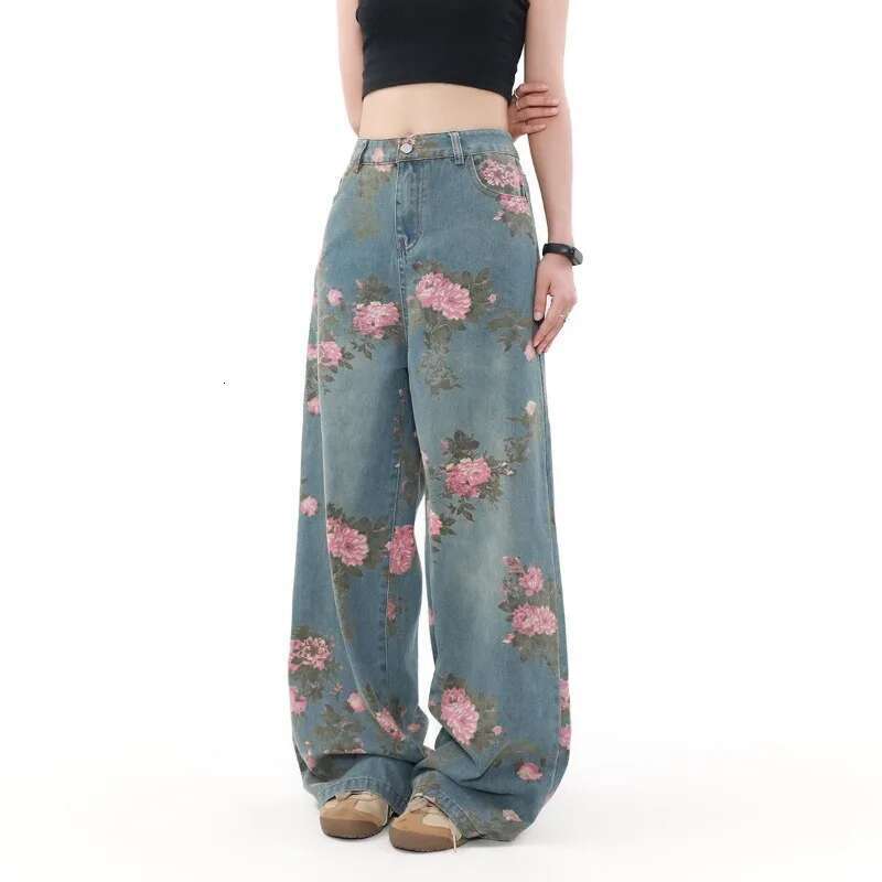 American Retro Ral Print Fashionable Wide-Leg Baggy Jeans Trendy High Street Loose Trousers