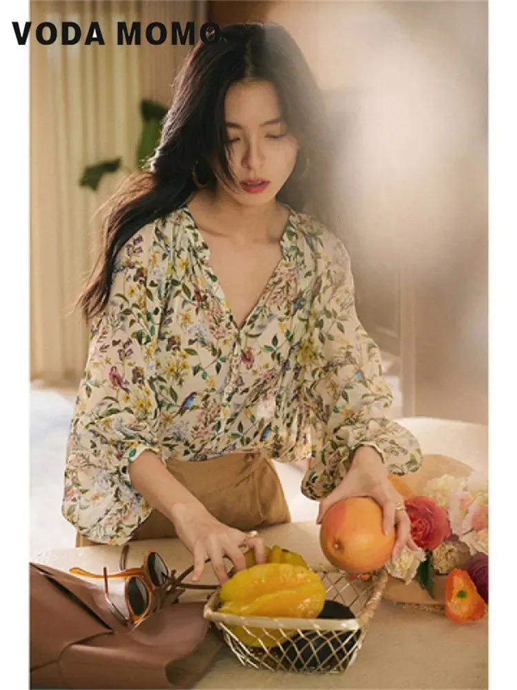 Summer thin soft retro French style gentle classic fashionable womens floral shirt loose casual minimalist 250318