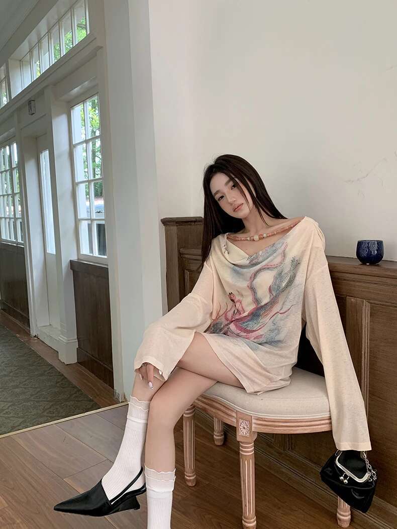 Illustration Designer Graphic T Shirts Cowls Long Sleeve Tees Knit Fashion Top Fall Clothes Women