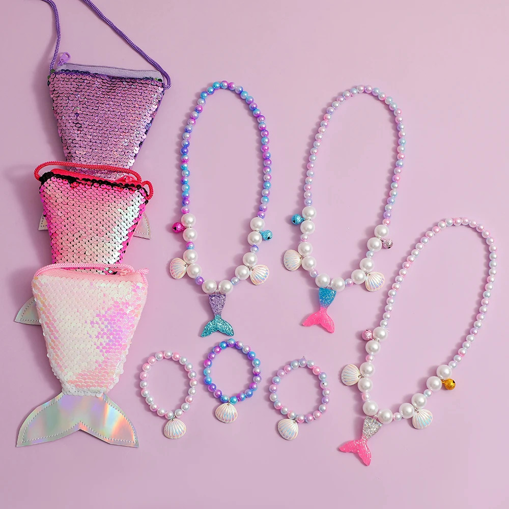 Cute and shiny fish tail pearl bracelet necklace with cross shaped bag for girls Kawai combination set birthday gift 250322