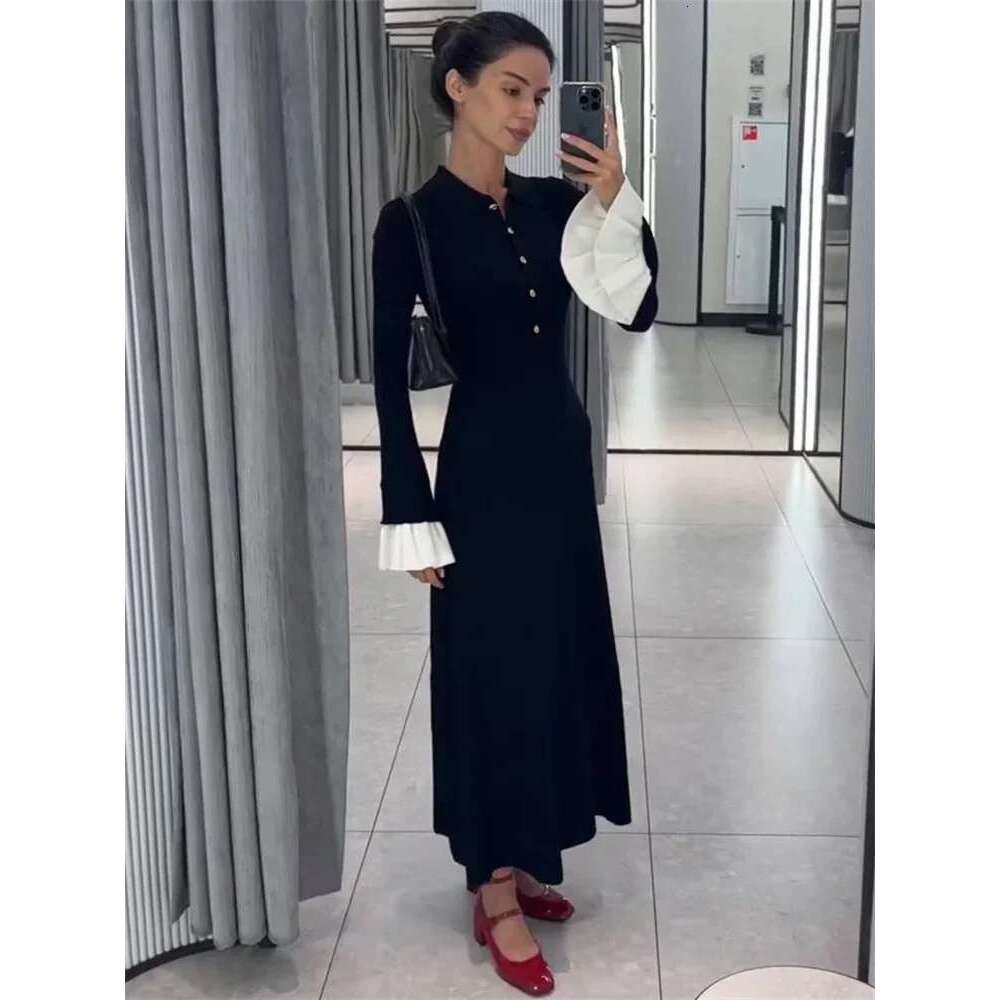 Tossy Female Ruffled Knitwear Long Fashion Patchwork Slim Contrast Lapel Casual Party Gown Women's Knit Maxi Dress